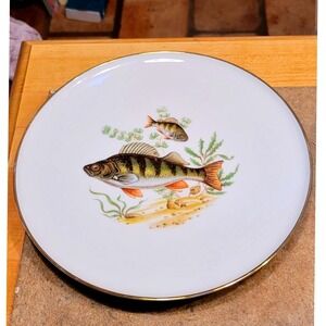 Vintage Bavaria Porcelain Plate Decorative Fish Scene Gold Rim